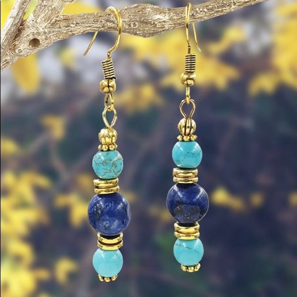 🔥 SALE! BNIP Genuine Lapis/Faux Turq. 14KGP Over Sterling Earrings - Picture 1 of 3